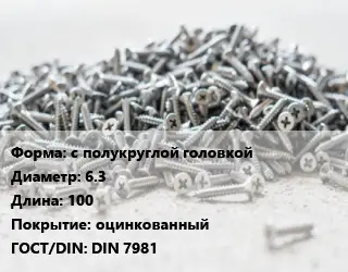 Шуруп с полукруглой головкой 6.3х100 оцинкованный ГОСТ: DIN 7981